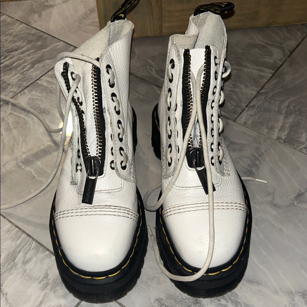 White Leather Lace-Up Boots with Zipper